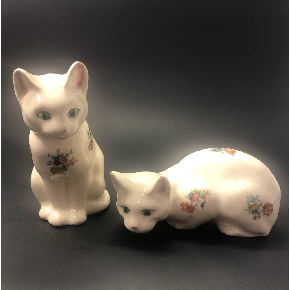 Pair of Vintage White Cats with Hand Painted Flowers and Green Eyes